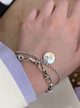 高级感复古泰银笑脸手链女ins小众轻奢双层圆珠手饰气质配饰批发