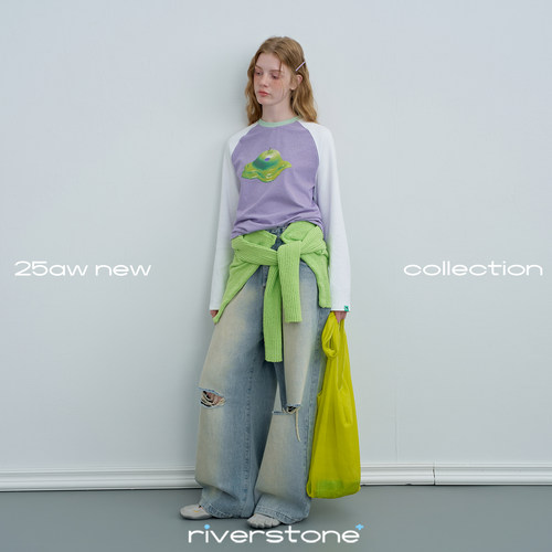 riverstone plus水果印花插肩袖长袖T恤女秋季撞色条纹打底衫上衣 - 图3