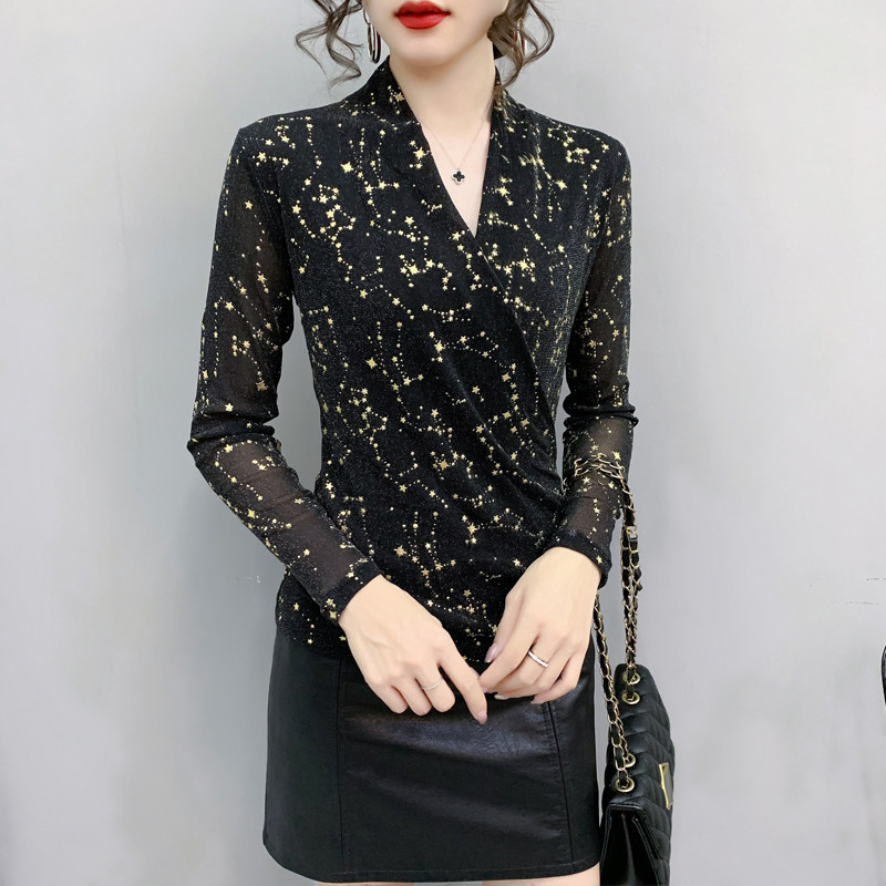 网纱秋冬新款黑色内搭小衫高档t恤 缇诗田蕾丝衫/雪纺衫