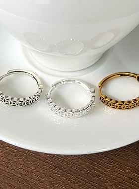 日韩复古铜钱925银简约指环女