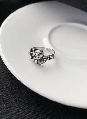 复古福运猫戒指男女铜钱s925纯银开运简约开口指环食指新年礼物