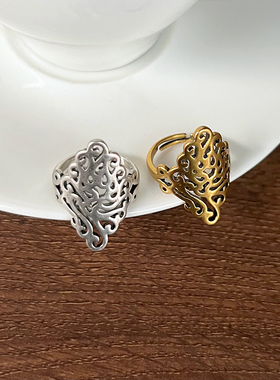 复古泰银树叶镂空开口戒指女