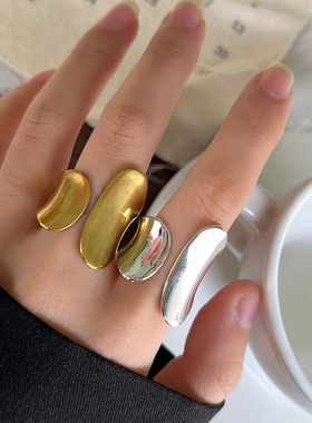 超火新款小众不对称夸张指环女古金饰品宽版不掉色小众925银戒指