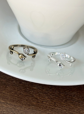 双生花郁金香玫瑰花开口指环女