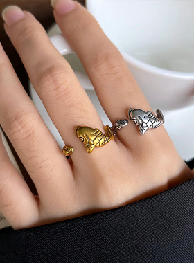 锦鲤925银不对称开口不掉色戒指