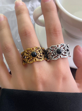 泰银吉祥繁花戒指镶嵌黑玛瑙