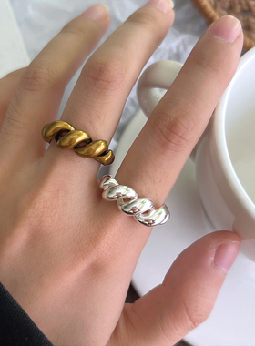 925纯银麻花戒指女牛角包开口