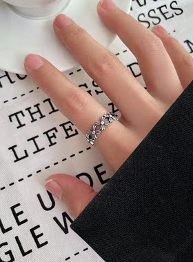 复古s925纯银戒指女日韩简约潮流十字架朋克个性男士开口食指戒