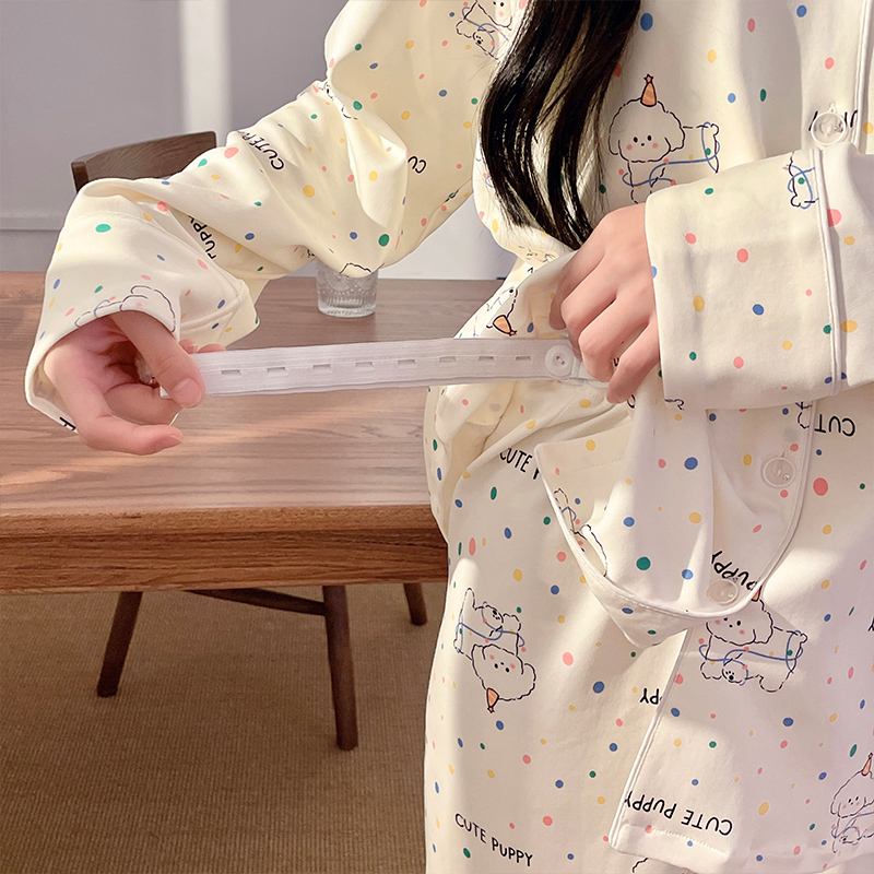 春秋中厚款带胸垫亲肤云感棉月子服产后孕妇哺乳睡衣长袖宽松透气 - 图3