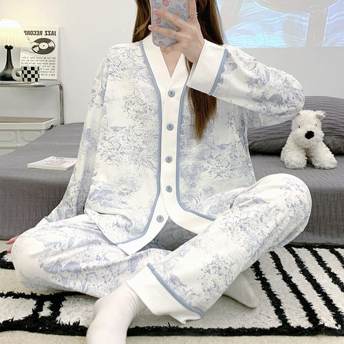 带胸垫月子服春秋纯棉产后产妇哺乳家居服夏季薄款孕妇睡衣喂奶衣 - 图0