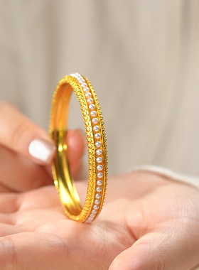 铜镀金婉容镯珍珠手镯女高级感气质镶珠复刻金胎穿珍珠婉容镯清代