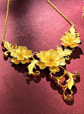 黄金色三生花项链镀18k色小众轻奢设计感结婚仿真秀百搭送女友礼