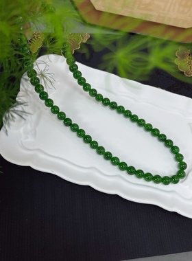 天然和田玉碧玉女款菠菜绿A货项链圆珠和田玉8mm链子玉石挂件
