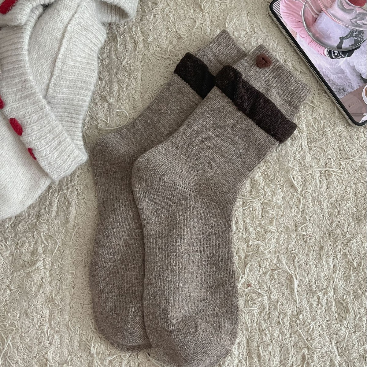 咖色美拉德秋冬加厚保暖羊毛袜子女木耳边无骨堆堆袜ins - 图3