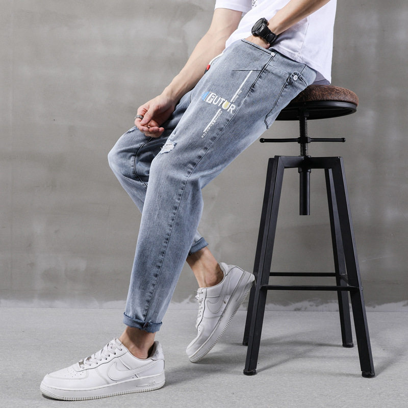 夏天高中学生九八分帅气破洞牛仔裤 宾朗图牛仔裤