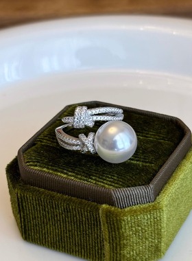 S925纯银珍珠戒指可调节满钻女轻奢高级感大颗珍珠2025新款镶锆石