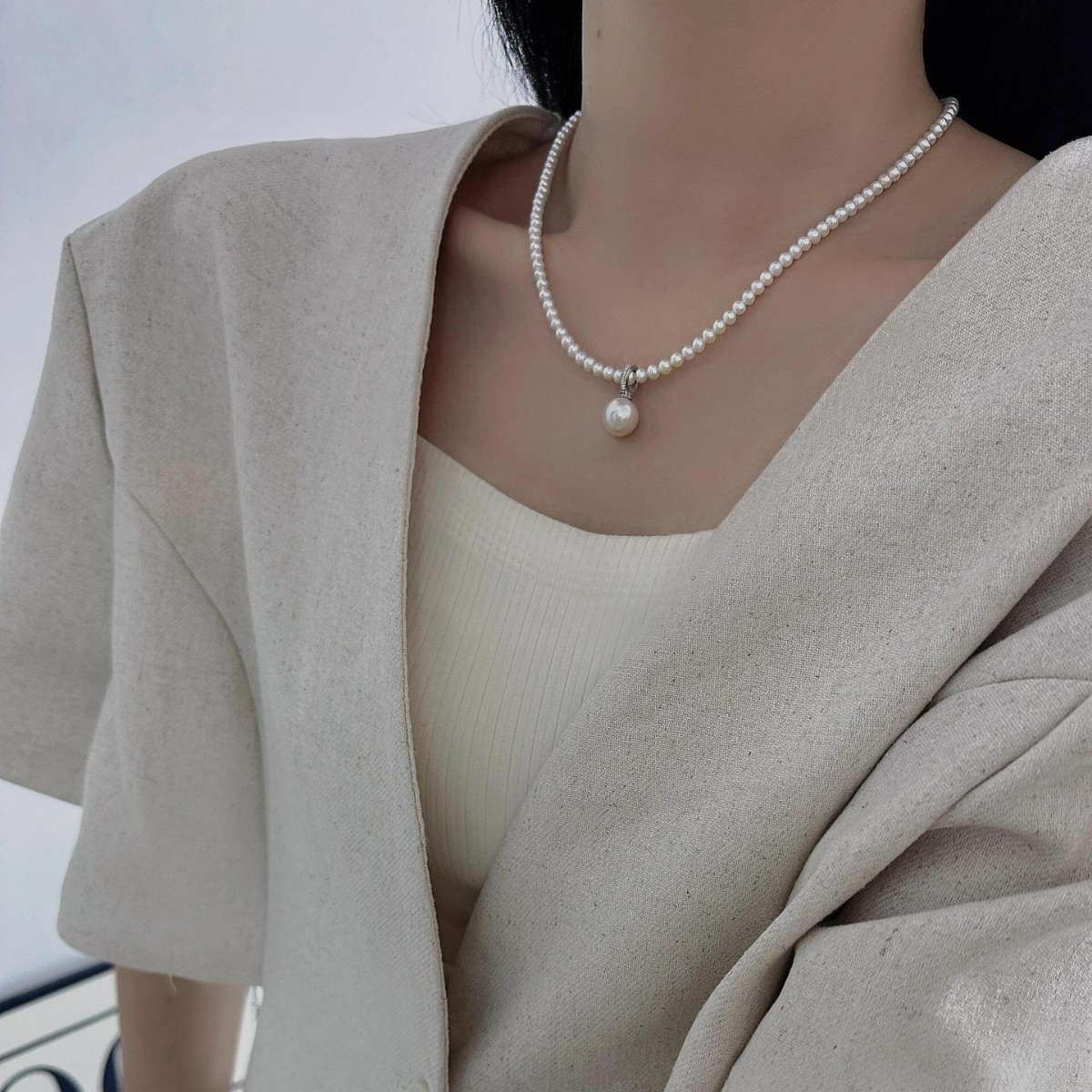 s925纯银奶嘴吊坠施家珍珠项链女高级感轻奢小众颈链百搭日常通勤 - 图2