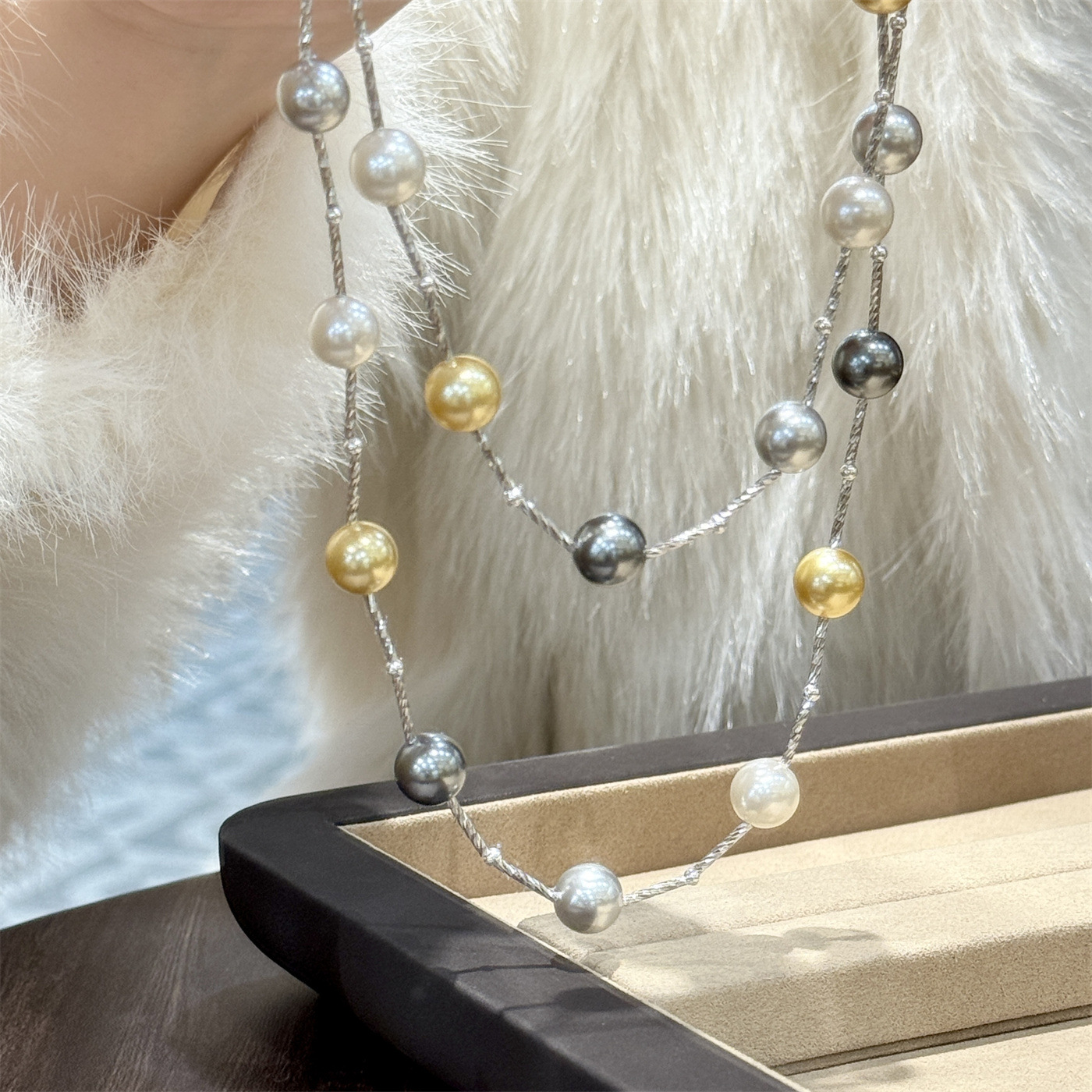 s925纯银混彩珍珠满天星项链女长款毛衣链轻奢高级感小众设计 - 图2