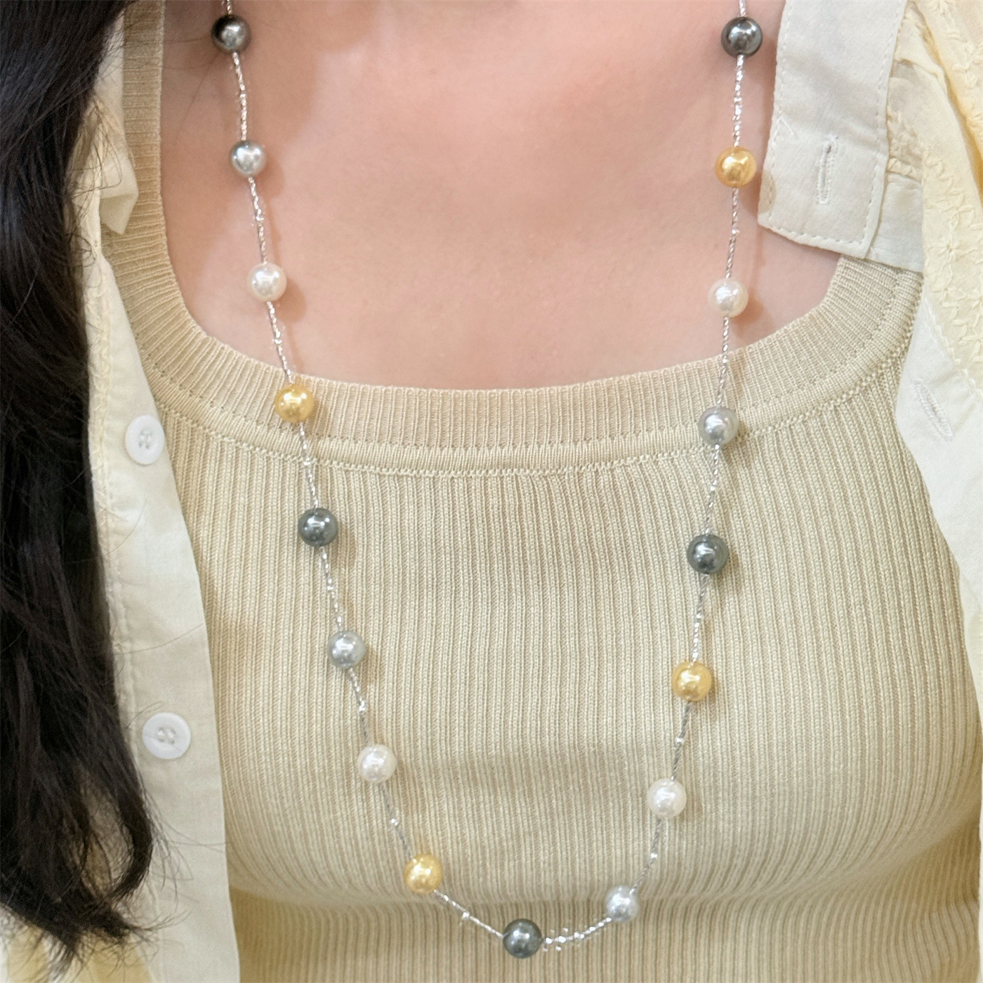 s925纯银混彩珍珠满天星项链女长款毛衣链轻奢高级感小众设计 - 图0