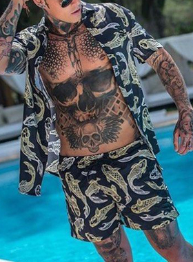 New Men Hawaiian Sets Summer Printing Short Sleeve Shirt Bea