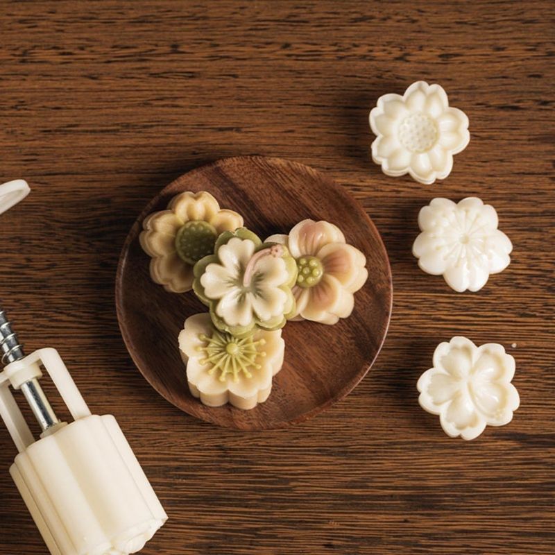 50g Mooncake Mold 4pcs Hibiscus Cherry Stamps Hand Press Moo - 图0