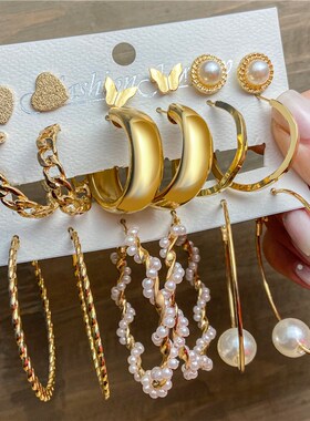 Fashion Gold Hoop Earrings Set Women Pearl Hoop Earrings Ove