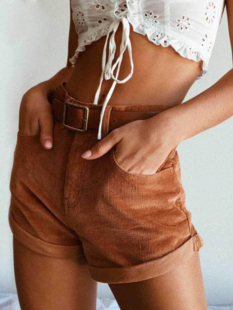 Vangull Elastic High Waist Corduroy Shorts Women Summer Crim - 图0