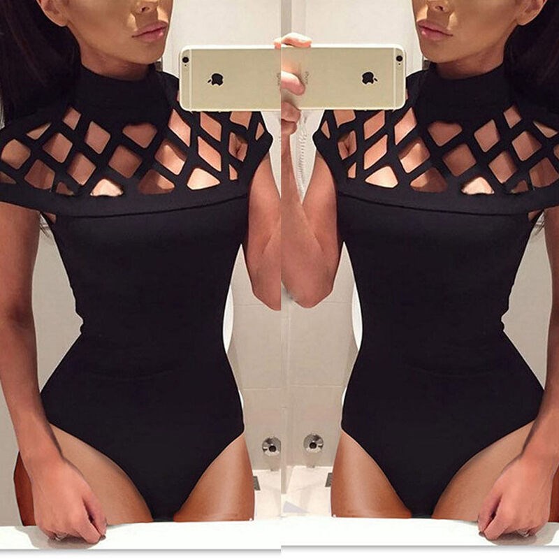 New Women's Hollow Bodysuit Ladies Leotard Bodycon Tops T sh-图0