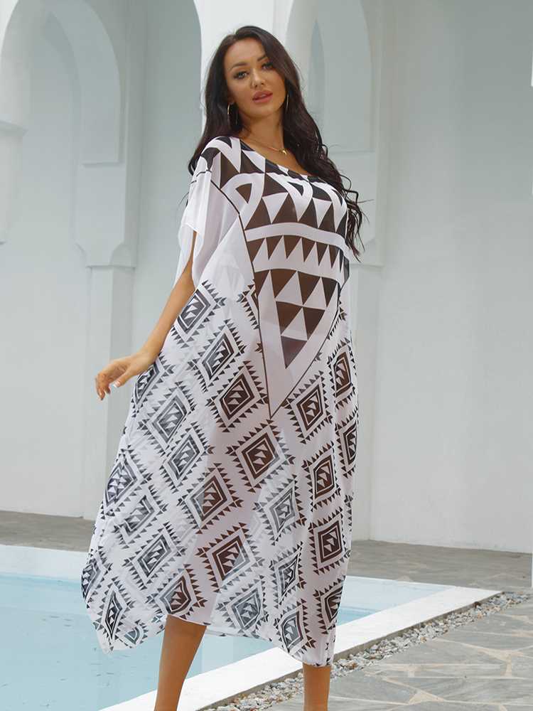 Sunforyou Plus Size Beach Cover Up Chiffon Dress Saida De Pr-图1