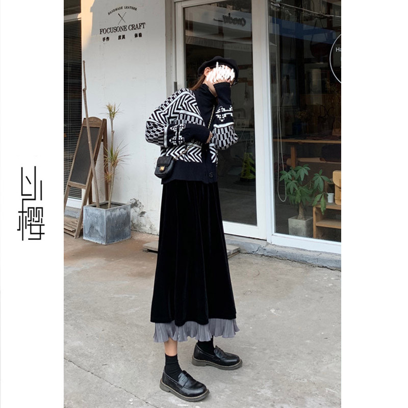 以樱秋冬金丝绒中长款高腰半身裙 以樱半身裙