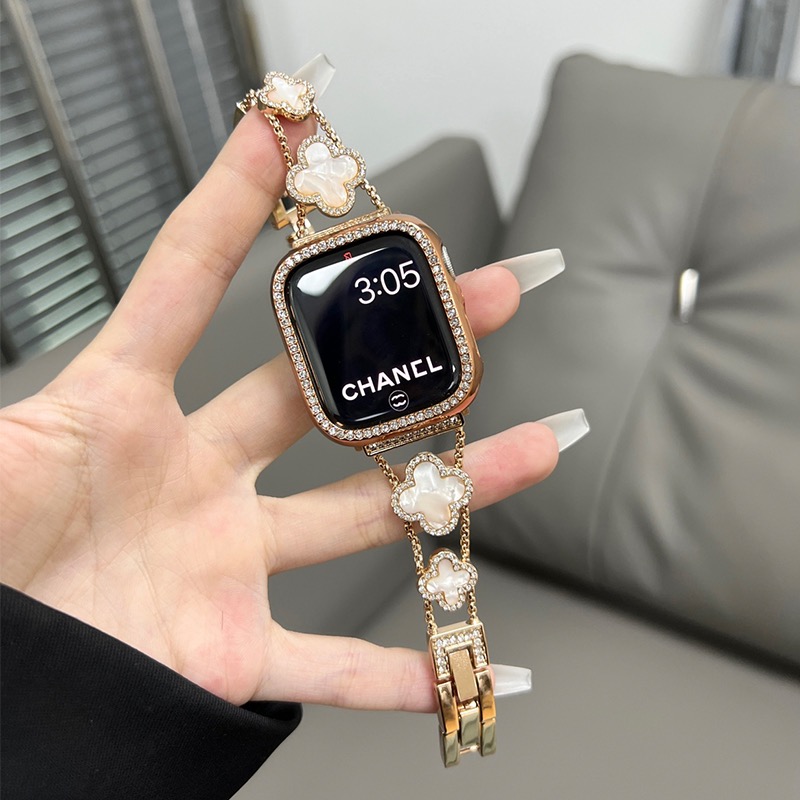 适用苹果手表S8表带不锈钢applewatch四叶草细钻金属iwatch6SE5女 - 图1