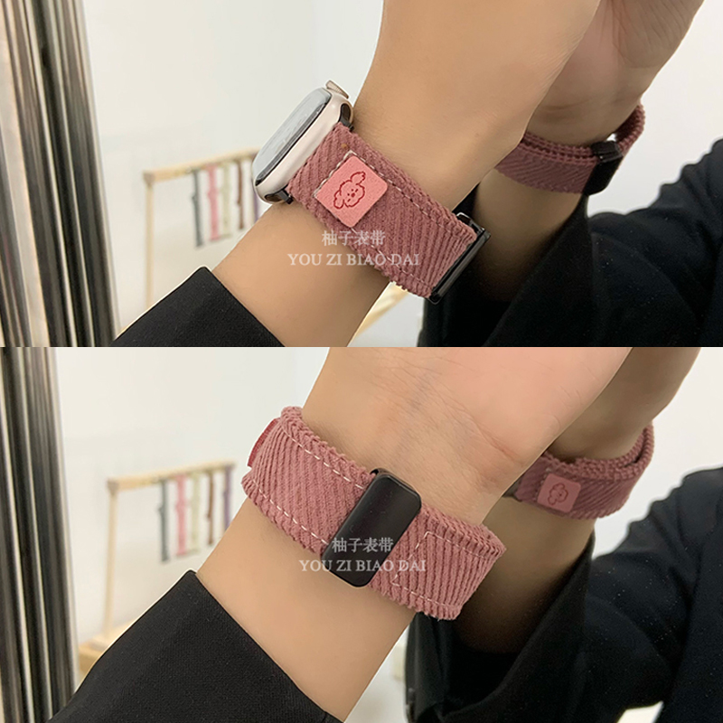 适用苹果手表S9表带秋冬灯芯绒applewatch磁吸扣小狗iwatch8SE7-图0