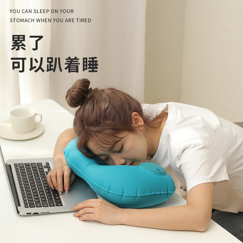 便携旅行枕护颈枕头u型枕按压充气枕头户外午休露营PVC植绒飞机枕