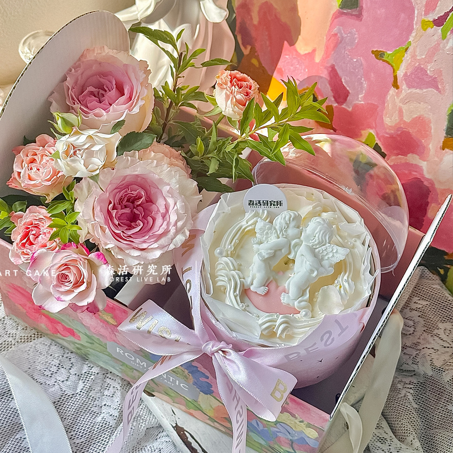 520情人节莫奈花园鲜花礼盒蛋糕装饰情侣表白亲嘴天使甜品送女友,淘宝优惠券,粉丝福利购,淘宝优惠卷