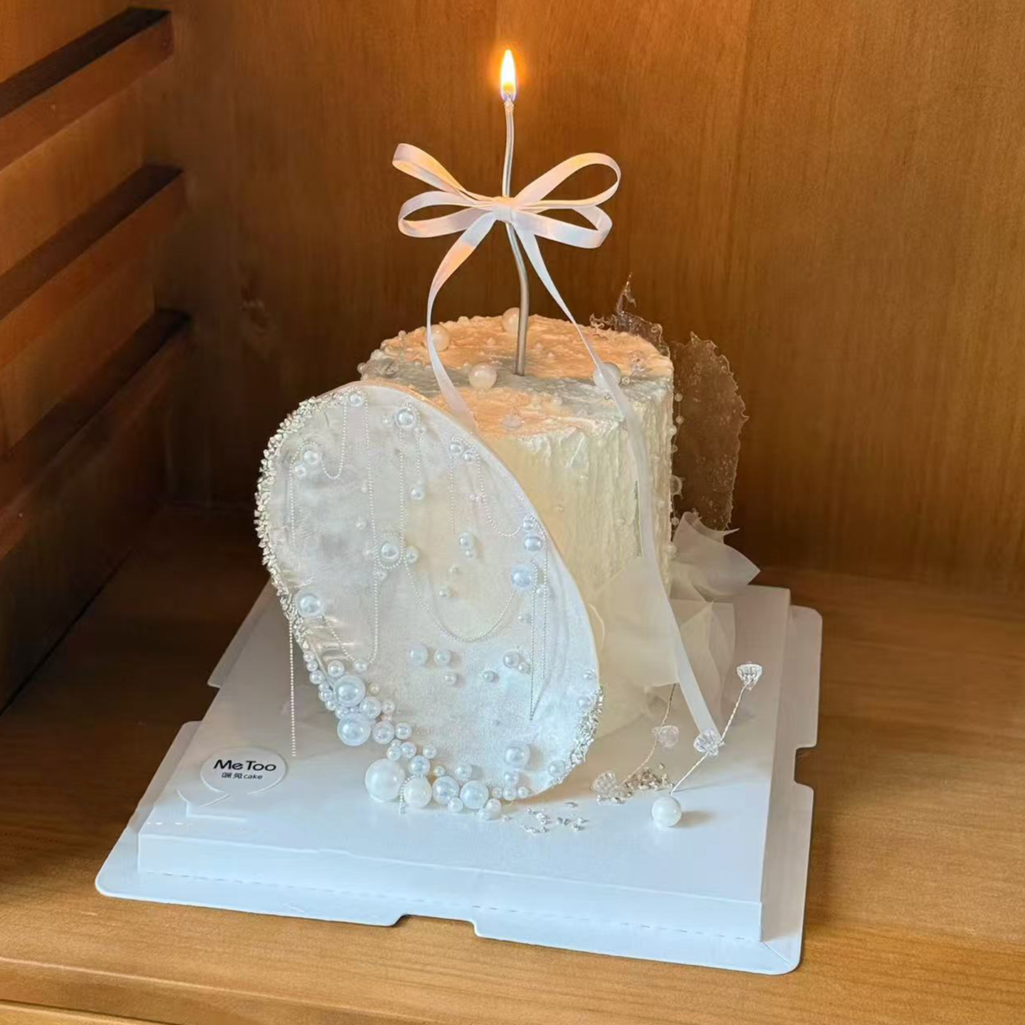 高级感ins白色贝壳蛋糕装饰可爱女神生日珍珠蝴蝶结丝带气质甜品 - 图0