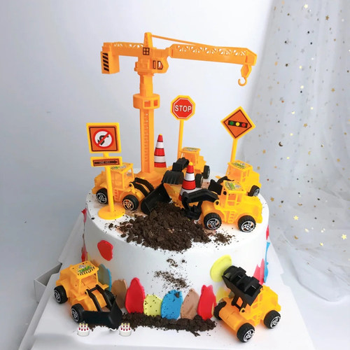 工程车蛋糕装饰挖土机推土机宝宝周岁玩具生日派对摆件插件吊塔 - 图2