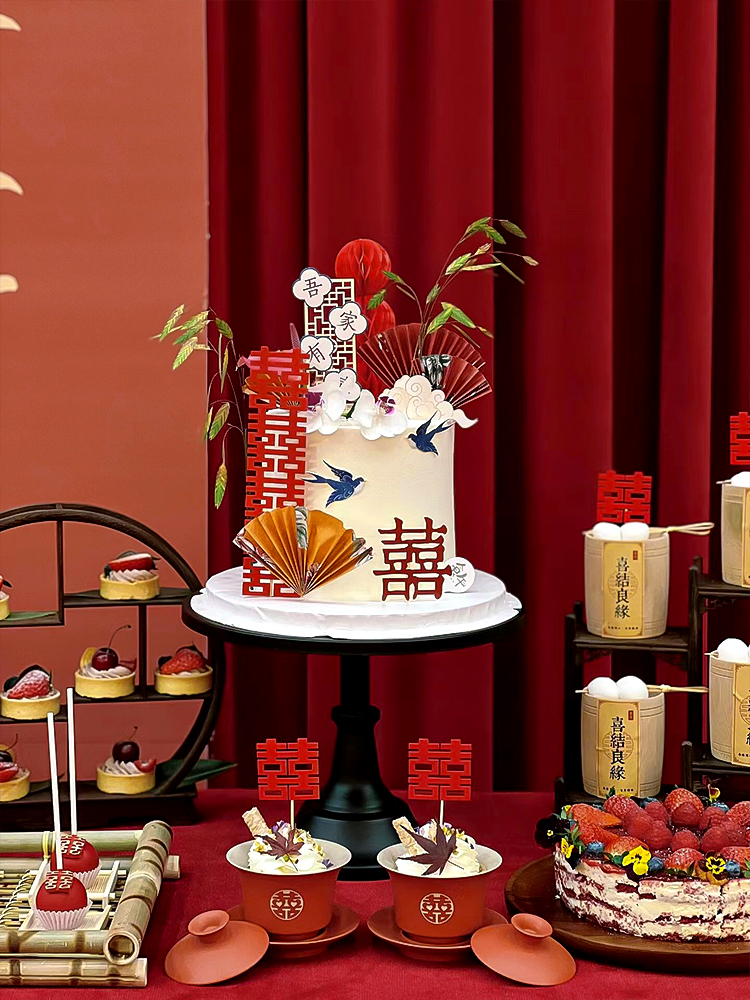 红色系新中式结婚订婚甜品台古风吾家有喜折扇屏风喜字贴杯子插件-图2