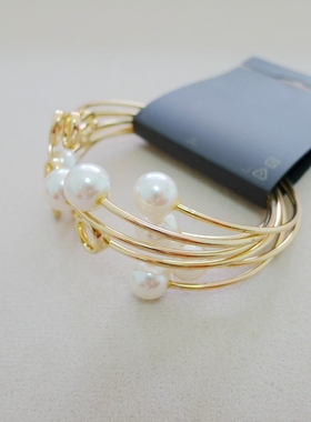 20欧美风格金属仿珍珠开口多个细手镯内径6.3CM