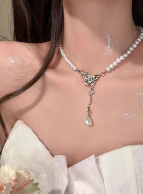 超仙蝴蝶吊坠珍珠项链锁骨choker轻奢小众高级2024新款颈链爆款
