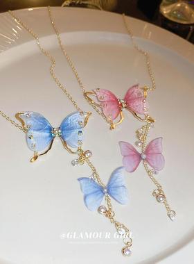 镶钻珍珠薄纱蝴蝶流苏项链超仙高级感颈链锁骨链时尚森系项饰小众