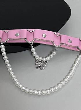 芭比粉色皮革珍珠项链女款高级感女仆锁骨链甜酷辣妹风颈链项圈in