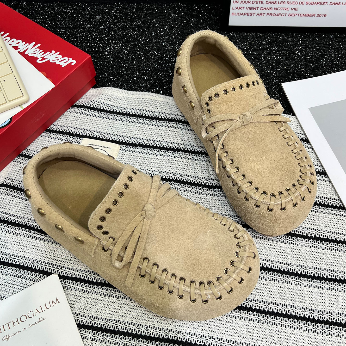 真皮铆钉蝴蝶结勃肯鞋女2026春季新款休闲百搭厚底内增高时尚单鞋,淘宝优惠券,粉丝福利购,淘宝优惠卷