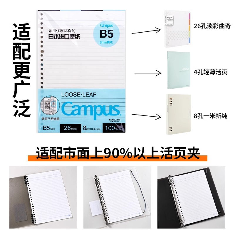 官方专卖店 kokuyo日本国誉活页纸b5活页本26孔a5替芯a4campus考研笔记本本子20孔错题可撕网格内页纸本子 - 图0