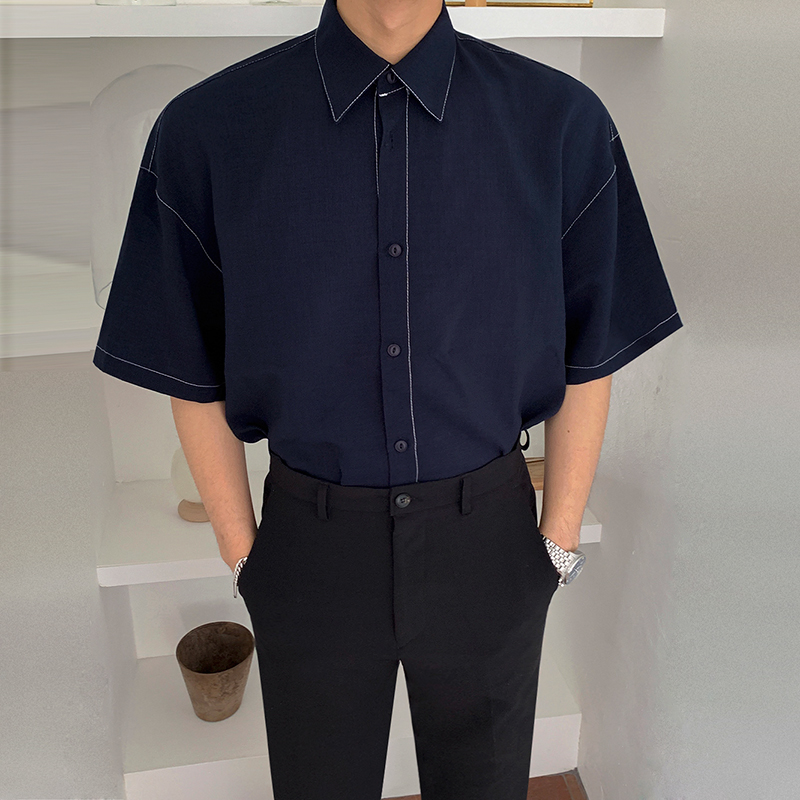 MRCYC宽松短袖衬衫男士夏季韩版潮流休闲五分袖寸衫外套半袖衬衣 - 图0