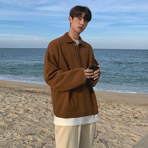 MRCYC翻领针织毛衣男士秋冬款韩系宽松ins潮流加厚线衣打底衫外套 - 图0