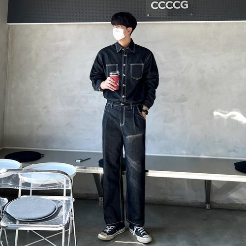MRCYC牛仔外套男春季韩系宽松潮流复古百搭休闲翻领工装夹克上衣 - 图1