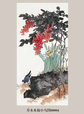 乔木玉兰双雀图花鸟画挂画国画