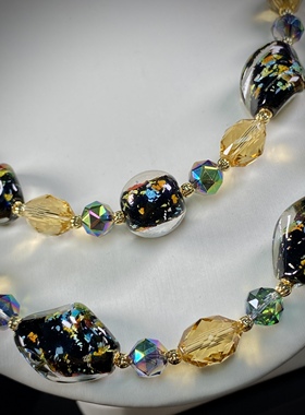 中古原创设计双层异形银箔黑色琉璃进口原色水晶项链