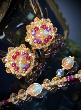 中古饰品进口丝光双色琉璃颈链粉色气质公主原创项链耳钉夹饰套装