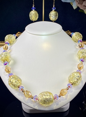 中古原创设计卡20银箔金闪色黄琉璃水晶轻奢项链耳饰套装